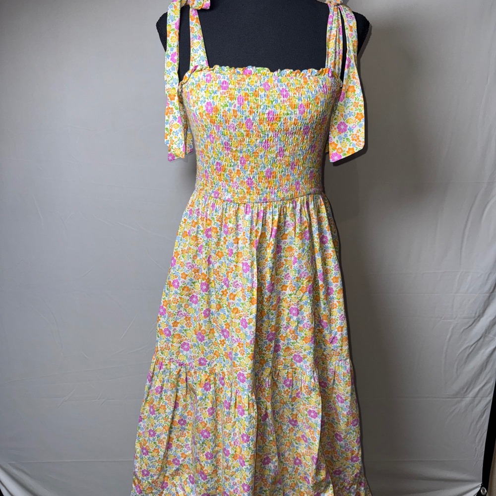 Flying Tomato Floral Smocked Maxi Dress Tie Shoulder Cotton Multi Color M Tiered - Picture 1 of 9